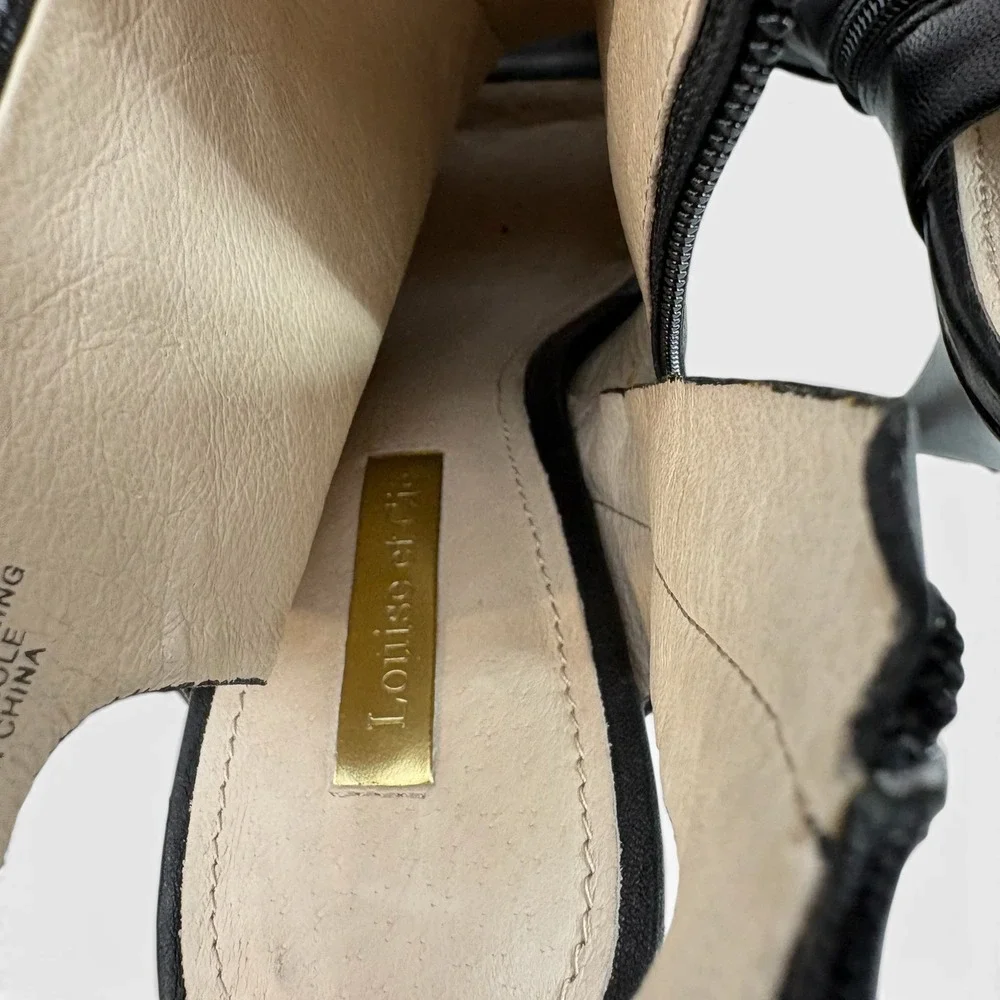 Louise et Cie Black Leather Peep Toe‎ Slingback Booties Gold Zip Heels 6.5M